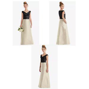 Dessy Group - OFF-THE-SHOULDER DRAPED WRAP SATIN JUNIOR BRIDESMAID DRESS